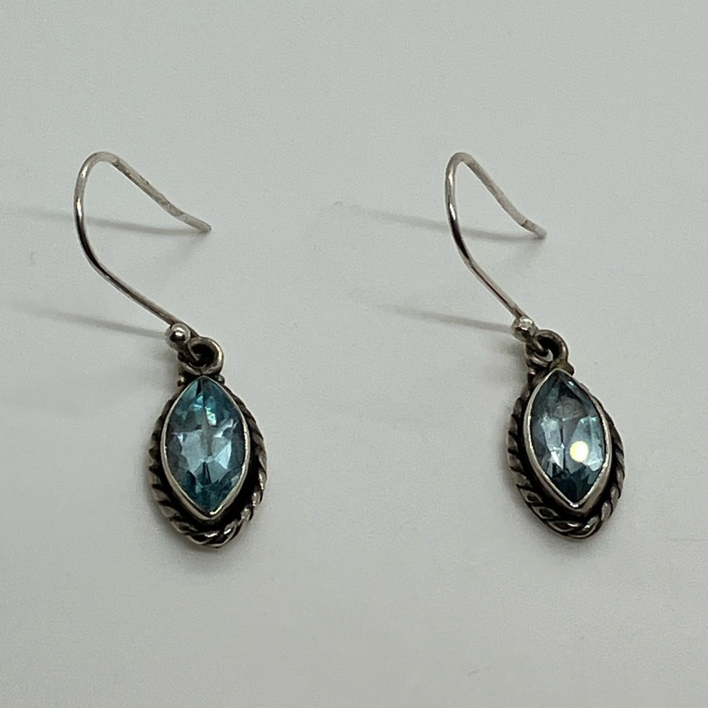 Vtg 925 Sterling Silver Blue Topaz Marquis Rope Accent Dangle Earrings